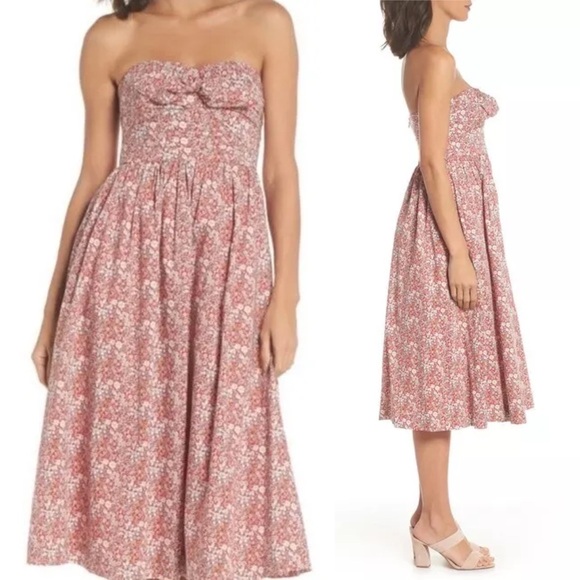 J.CREW•Liberty red floral cherry garbo tie front strapless cotton dress 8 EUC - Picture 2 of 8